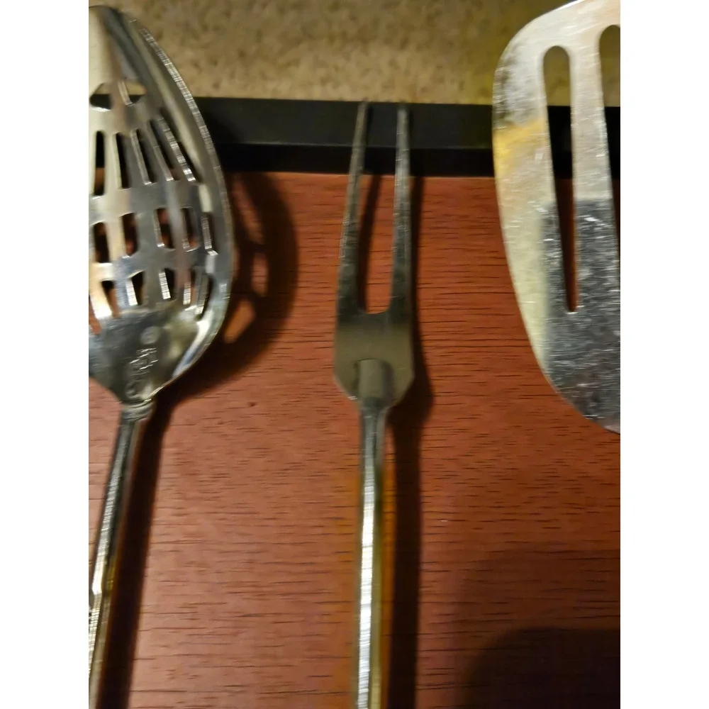 Vintage Chrome Kitchen Utensil Set 3pc Slotted Spoon Spatula Fork Wood Handle